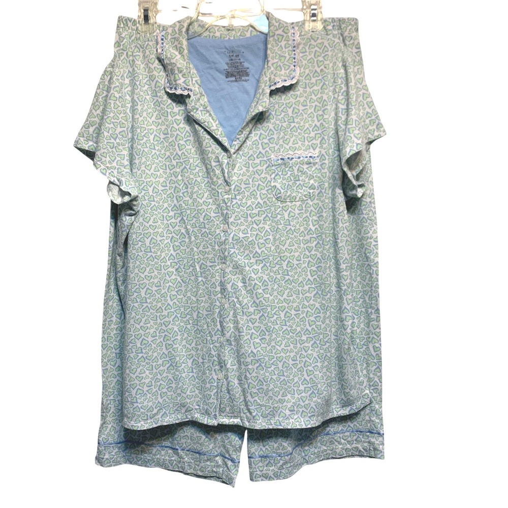 Cozy Pajama Set L Blue Green Heart Print Button Front Lace Cottagecore Soft Girl